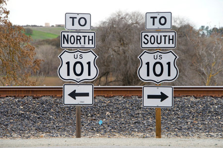 San Miguel, CA - January 13, 2019: Signs for 101 North and South freeway. A north  south U.S....