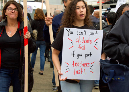 Oakland, CA - January 18, 2019: Oakland teachers having a one day sick out to protest slow progress...