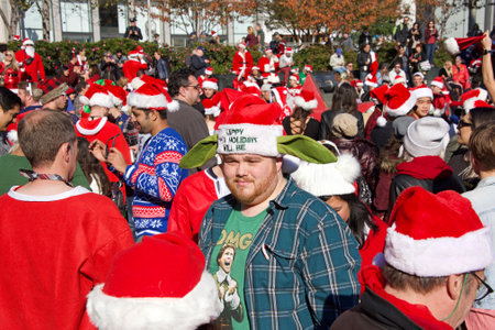 San Francisco, CA - December 8, 2018: Unidentified participants in the 24th annual Santa Con, held...