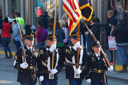 San Francisco, CA - November 11, 2018: Unidentified participants in the Veterans Day Parade in...