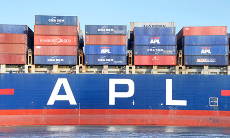 Oakland, CA - February 05, 2019: Cargo Ship PRESIDENT KENNEDY departing the Port of Oakland....