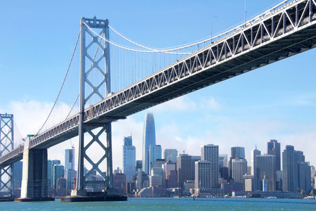 San Francisco, CA - November 24, 2018: San Francisco city view from the bay with the Bay Bridge in...