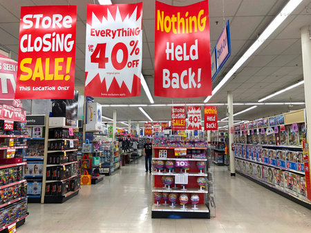 Dublin, CA - April 21, 2018: Toys R Us store final sales days. Bankrupt retailer Toys R Us closing...