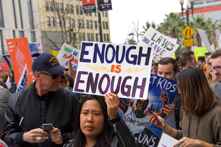 Los Angeles, CA - March 24, 2018: With calls to End gun violence, no more silence!  thousands of students and adults march to protest gun violence. March for our lives.のeditorial素材