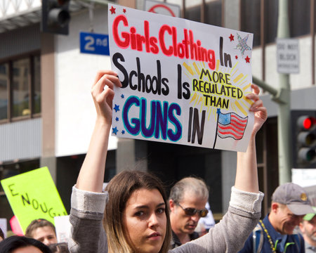 Los Angeles, CA - March 24, 2018: With calls to End gun violence, no more silence!  thousands of students and adults march to protest gun violence. March for our lives.のeditorial素材