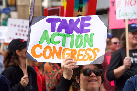 Los Angeles, CA - March 24, 2018: With calls to End gun violence, no more silence!  thousands of students and adults march to protest gun violence. March for our lives.のeditorial素材