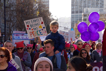 San Francisco, CA - January 20, 2018: Unidentified participants in the Women's March. Designed to engage and empower all people to support women's rights, and to encourage vote in midterm elections.のeditorial素材