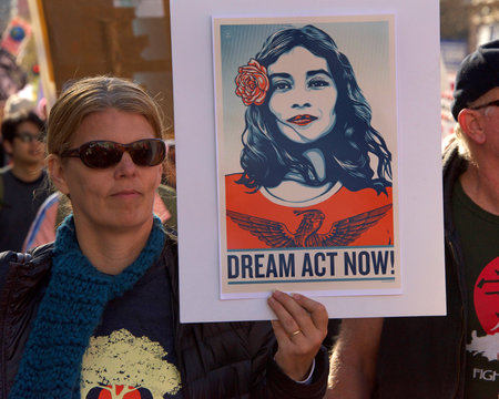 San Francisco, CA - January 20, 2018: Unidentified participants in the Women's March. Designed to...