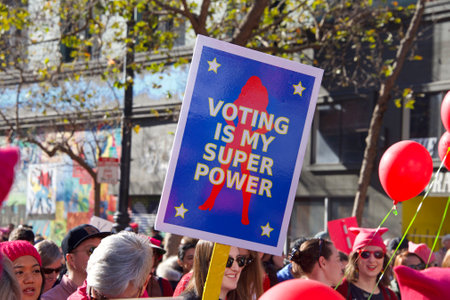 San Francisco, CA - January 20, 2018: Unidentified participants in the Women's March. Designed to engage and empower all people to support women's rights, and to encourage vote in midterm elections.のeditorial素材
