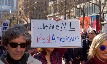 San Francisco, CA - January 20, 2018: Unidentified participants in the Women's March. Designed to engage and empower all people to support women's rights, and to encourage vote in midterm elections.のeditorial素材