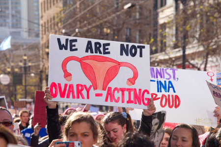 San Francisco, CA - January 20, 2018: Unidentified participants in the Women's March. Designed to engage and empower all people to support women's rights, and to encourage vote in midterm elections.のeditorial素材
