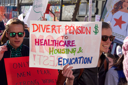 San Francisco, CA - January 20, 2018: Unidentified participants in the Women's March. Designed to...