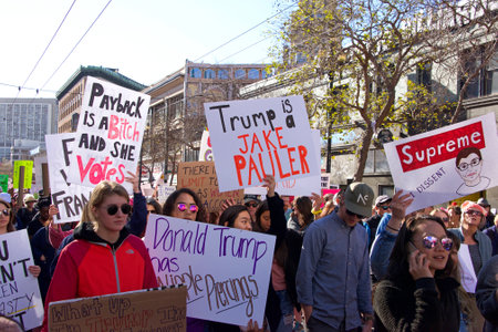 San Francisco, CA - January 20, 2018: Unidentified participants in the Women's March. Designed to...