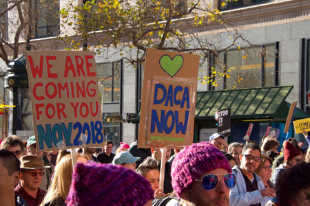 San Francisco, CA - January 20, 2018: Unidentified participants in the Women's March.  Designed to...