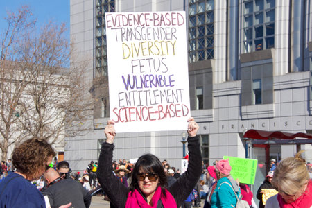 San Francisco, CA - January 20, 2018: Unidentified participants in the Women's March. Designed to...