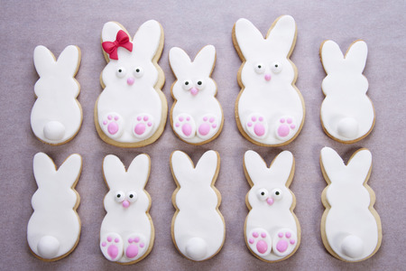 Easter Bunny Sugar Cookies homemade covered in home made marshmallow fondant, decorated with candy eyes, nose, feet and bow. Large and small bunnies on parchment paperの写真素材