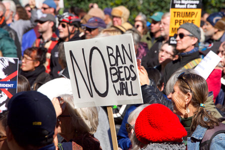 San Francisco, CA - February 18, 2019: Unidentified Participants protesting President Donald Trump's...