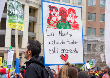 Oakland, CA - February 25, 2019: Unidentified participants at Oakland teachers strike day 3 rallying...