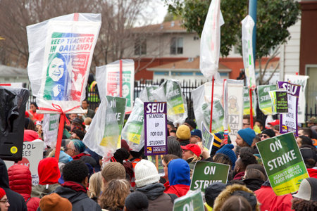 Oakland, CA - February 26, 2019: Unidentified participants in Oakland teachers strike day 4 marching...