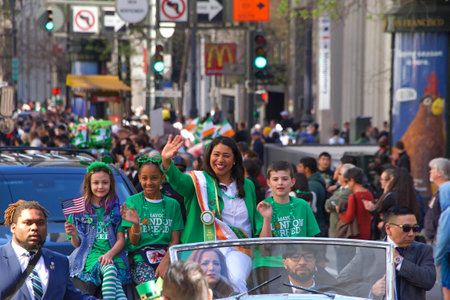 San Francisco, CA - March 16, 2019: Mayor London Breed participating in the 168th Annual Saint Patrick's Day Parade, the West Coast's largest Irish event celebrating Irish culture.のeditorial素材