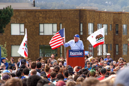 San Francisco, CA - March 24, 2019: Bernie Sanders speaking to a crowd of thousands of supporters at his Presidential Rally held in Great Meadow Park at Fort Mason.のeditorial素材