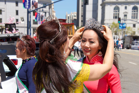 San Francisco, CA - April 21, 2019: Unidentified participants in the 52nd annual Cherry Blossom Festival Grand Parade.  One of the 10 best Cherry Blossom Festivals in the world.のeditorial素材