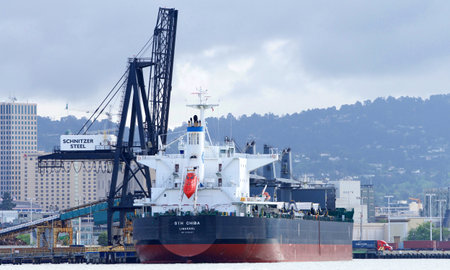 Oakland, CA - May 16, 2019: Bulk Carrier STH CHIBA loading at the Port of Oakland....