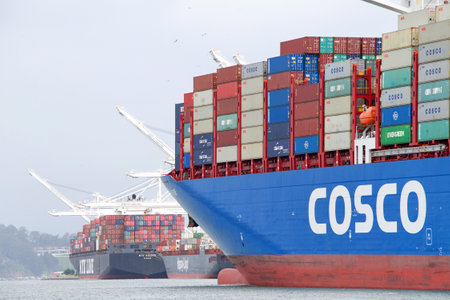 Oakland, CA - May 16, 2019: COSCO SHIPPING ROSE departing the Port of Oakland. China Ocean...