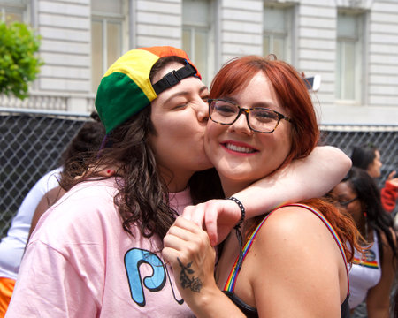 San Francisco, CA - June 29, 2019: Unidentified participants celebrates at the annual San Francisco Gay Pride Festival, at Civic Center in downtown San Francisco. Theme Generations of Resistance.のeditorial素材
