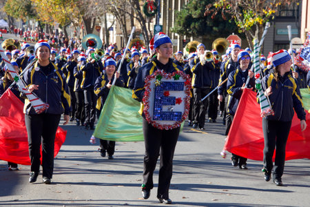 Benicia, CA - Dec 14, 2019: Unidentified participants in the 25th annual Christmas Parade, featuring local marching bands, dancers, and the much anticipated Santa Claus.のeditorial素材
