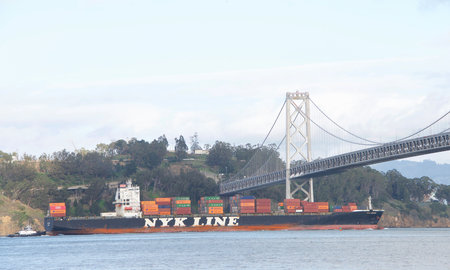 San Francisco, CA - Jan 13, 2020: Cargo Ship NYK DENEB in the San Francisco bay in route to the Port of Oakland, the fifth busiest port in the United States.のeditorial素材