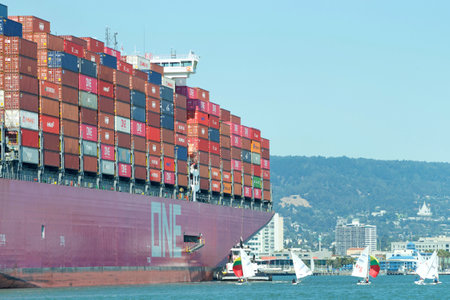 Oakland, CA - July 23, 2020: Tugs move vessels that should not move themselves, such as ships in a crowded harbor. Tugboat Z-FIVE assting ONE STORK to maneuver safely into the Port of Oakland.のeditorial素材