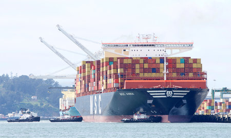 Oakland, CA - Apr 16, 2020: Multiple tugboats working in tandem assist cargo ship MSC ANNA to dock at the Port of Oakland. MSC ANNA is the largest cargo ship to dock at the port.のeditorial素材