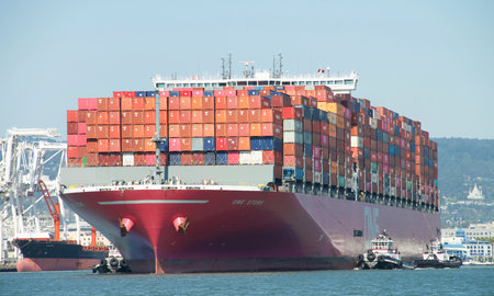 Oakland, CA - July 23, 2020: Multiple tugboats assist Cargo Ship ONE STORK to maneuver into the Port of Oakland, the fifth busiest port in the United States.のeditorial素材