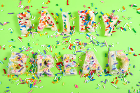 Fairy bread spelled with fairy bread on a bright green background with candy sprinkles spilled...