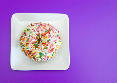 Top view flat lay of one vanilla cake donut with vanilla frosting covered in bright colorful candy sprinkles on a small square off white porcelain plate, on purple background.の写真素材