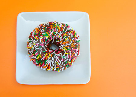 Top view flat lay of one vanilla cake donut with chocolate frosting covered in bright colorful candy sprinkles on a small square off white porcelain plate, on orange background.の写真素材