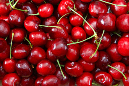 top view flat lay close up of fresh organic Bing Cherries with stems. Water drops on fruit.の写真素材