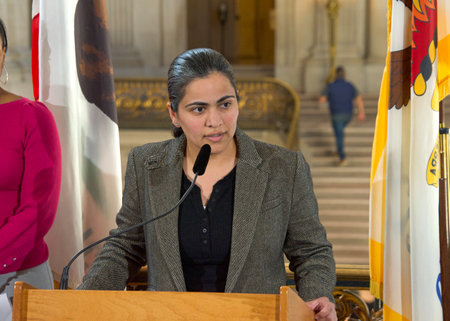 San Francisco, CA - Jan 25, 2023: Senator Aisha Wahab speaking at a Press Conf at City Hall announcing the new Bay Area Abortion Rights Coalition (BAARC)のeditorial素材