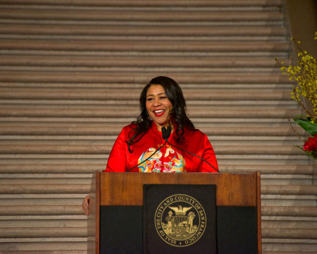 San Francisco, CA - Jan 30, 2023: Mayor London Breed speaking at Lunar New Year Celebration at City Hall.のeditorial素材