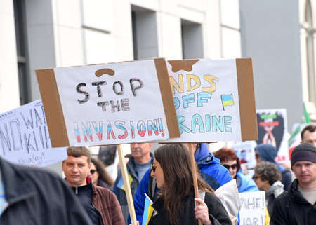 San Francisco, CA - Feb 25, 2023: Participants at Unite for Ukraine March from Harry Bridges Plaza...