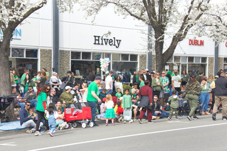 Dublin, CA - March 18, 2023: Spectators line the street to watch Dublin's 39th Annual Saint Patrickâs Day Parade.のeditorial素材