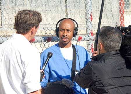 San Quentin, CA - March 17, 2023: Reporter interviewing inmate at San Quentin State Prison during Governor Gavin Newsoms Press Conference event at this location.のeditorial素材