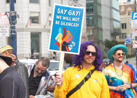 San Francisco, CA - April 8, 2023: Participants in the Drag Up Fight Back protest, gathering at Civic Center prior to marching to Union Square.のeditorial素材