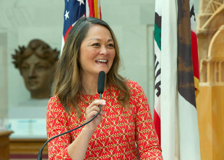 San Francisco, CA - April 26, 2023:City Administrator Carmen Chu, speaking at a press conf at City Hall to announce the events and celebrations that will take place during APA Heritage Month.のeditorial素材