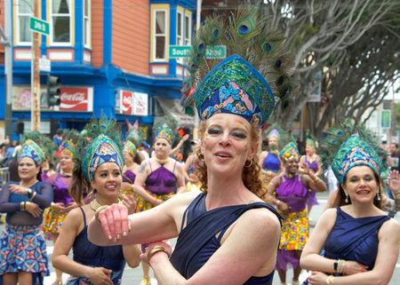 San Francisco, CA - May 28, 2023: Unidentified participants in the 45th annual Carnaval Grand Parade...