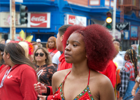 San Francisco, CA - May 28, 2023: Unidentified participants in the 45th annual Carnaval Grand Parade...