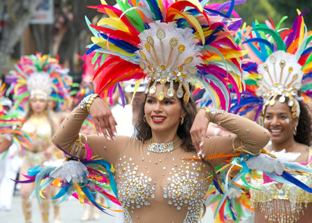 San Francisco, CA - May 28, 2023: Unidentified participants in the 45th annual Carnaval Grand Parade in the Mission District.のeditorial素材