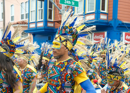 San Francisco, CA - May 28, 2023: Unidentified participants in the 45th annual Carnaval Grand Parade...