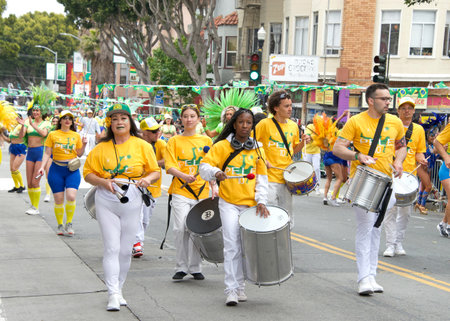 San Francisco, CA - May 28, 2023: Unidentified participants in the 45th annual Carnaval Grand Parade...
